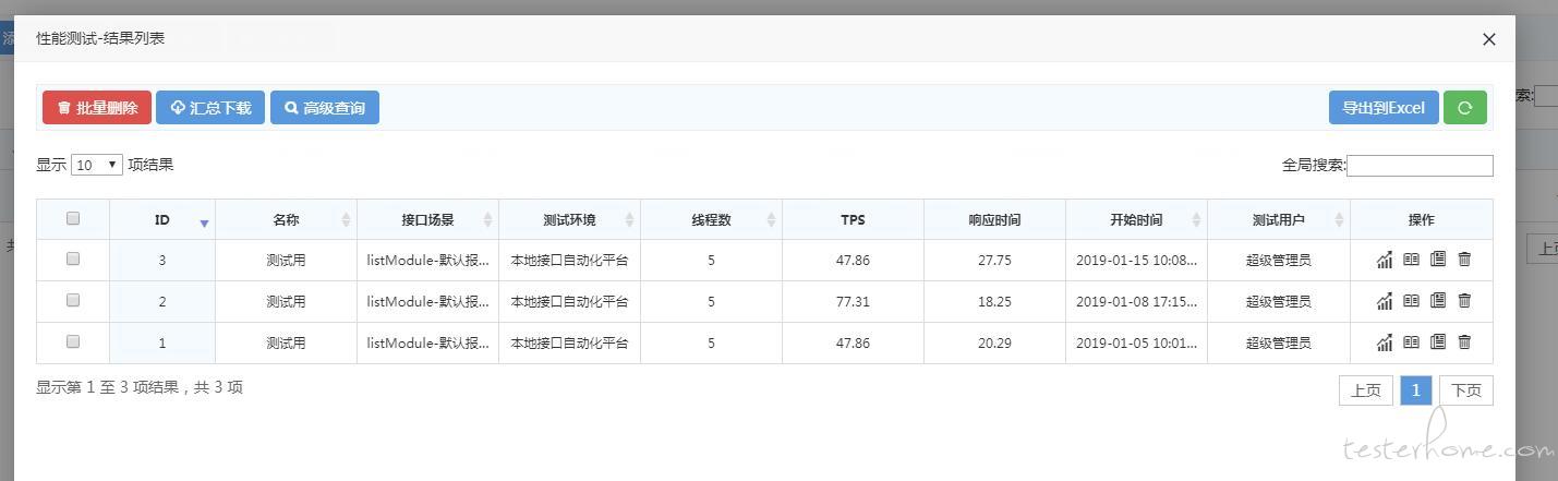 性能测试结果列表